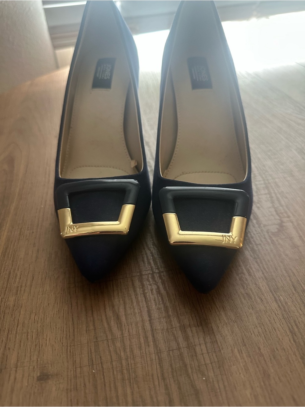 Jones New York Navy Pointed Toe Pumps with Gold Accent